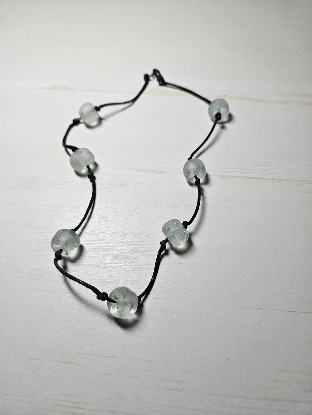 Artisan Krobo Recycled Glass Bead Necklace | Minimalist Seafoam Aqua & Waxed - Picture 5 of 8